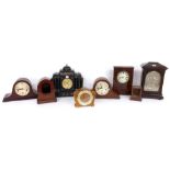 Six various old mantel clocks all in need of restoration; also two small mantel clock cases (8)