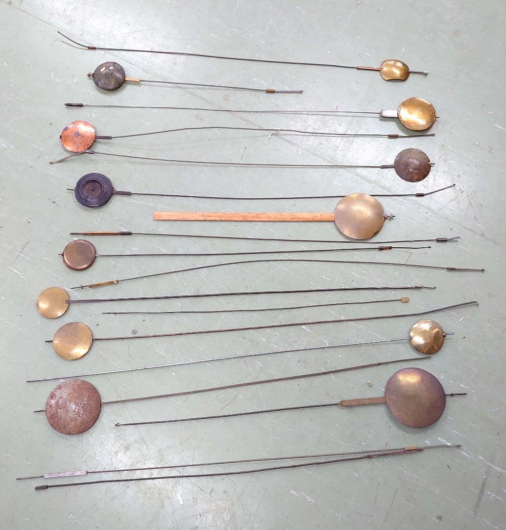 Collection of various size longcase clock pendulums (14)