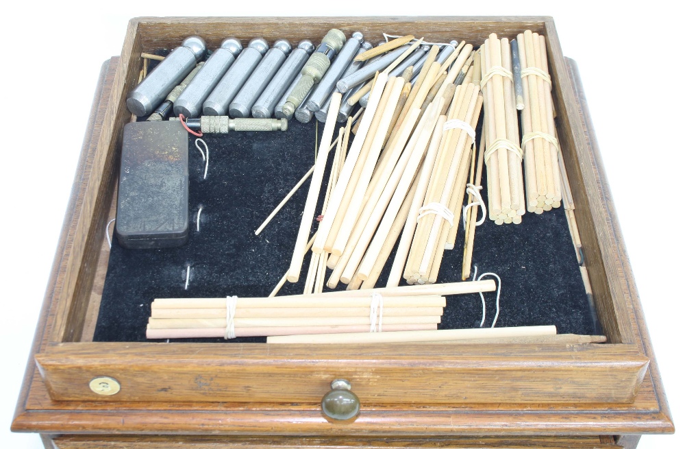 Small oak chest of six long drawers containing various tools, including small drill bits, arbours - Image 5 of 8