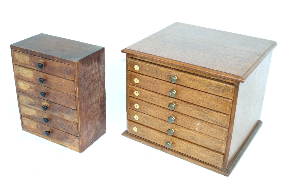 Small oak chest of six long drawers containing various tools, including small drill bits, arbours