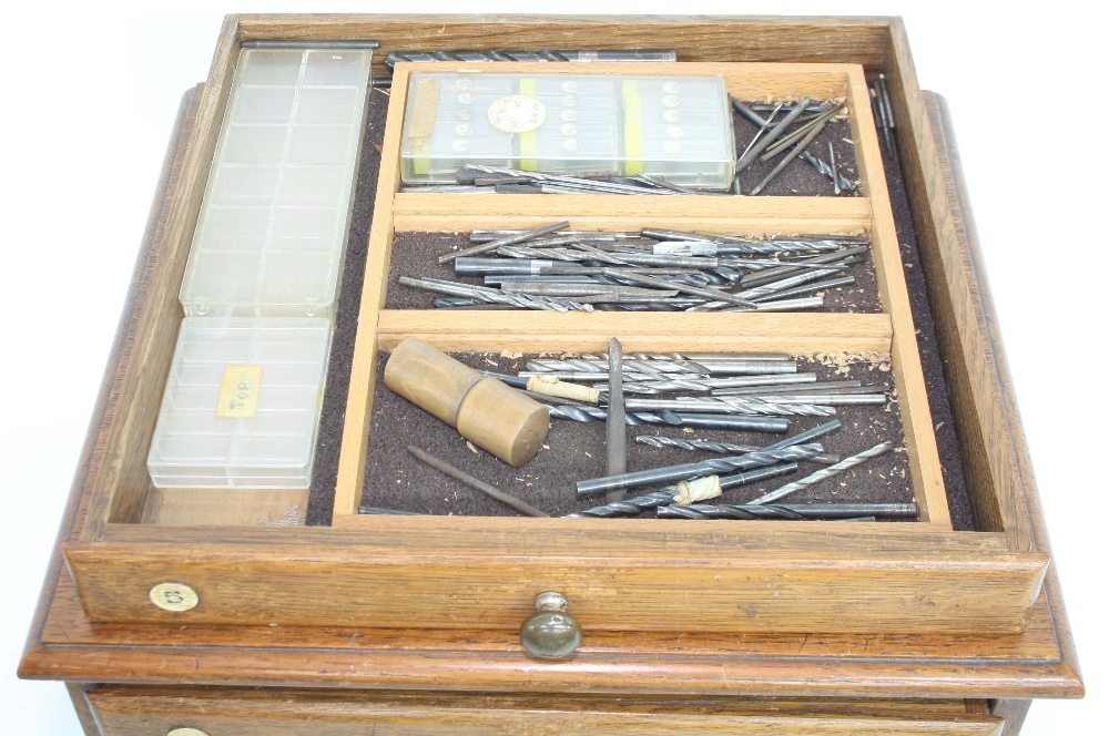 Small oak chest of six long drawers containing various tools, including small drill bits, arbours - Image 7 of 8