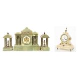 French green onyx two train mantel clock garniture striking on a gong, the 3.75" cream chapter