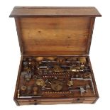 Interesting early steel and brass turning lathe, within a pine fitted case with two long drawers,