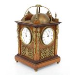 French walnut quadruple face mantel clock timepiece, the 3" clock dials all signed Henry Marc, the