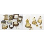 Quantity of gilt metal cased clocks, including mantel and torsion timepieces; also four small