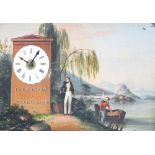 Musical picture clock with alarm, the 3.25" white enamel dial with central brass alarm dial, set