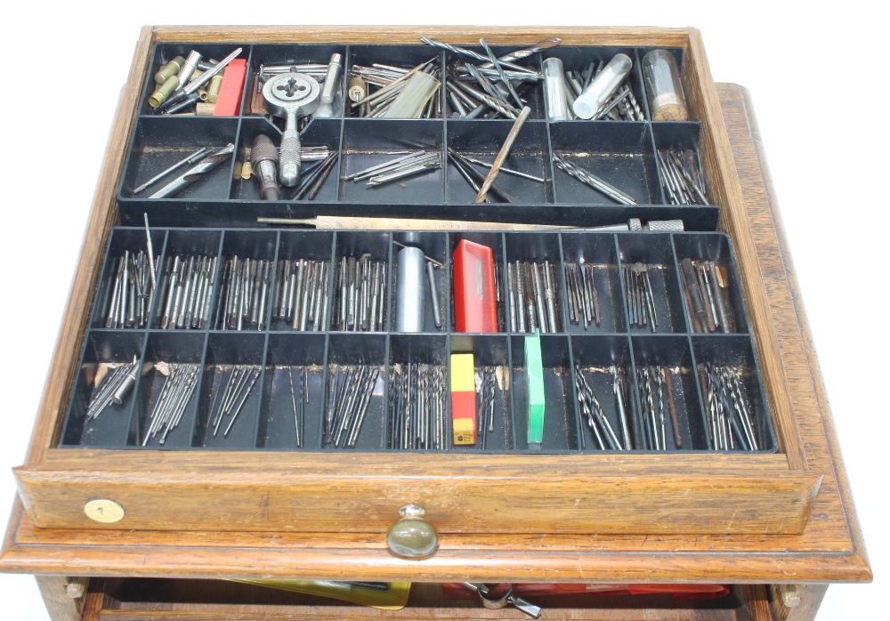 Small oak chest of six long drawers containing various tools, including small drill bits, arbours - Image 3 of 8