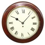 Mahogany single fusee 12" wall dial clock, within a turned surround (pendulum and key)