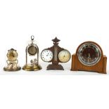 Gilt metal desk compendium, comprising twin 3.25" white painted dials either side of a thermometer