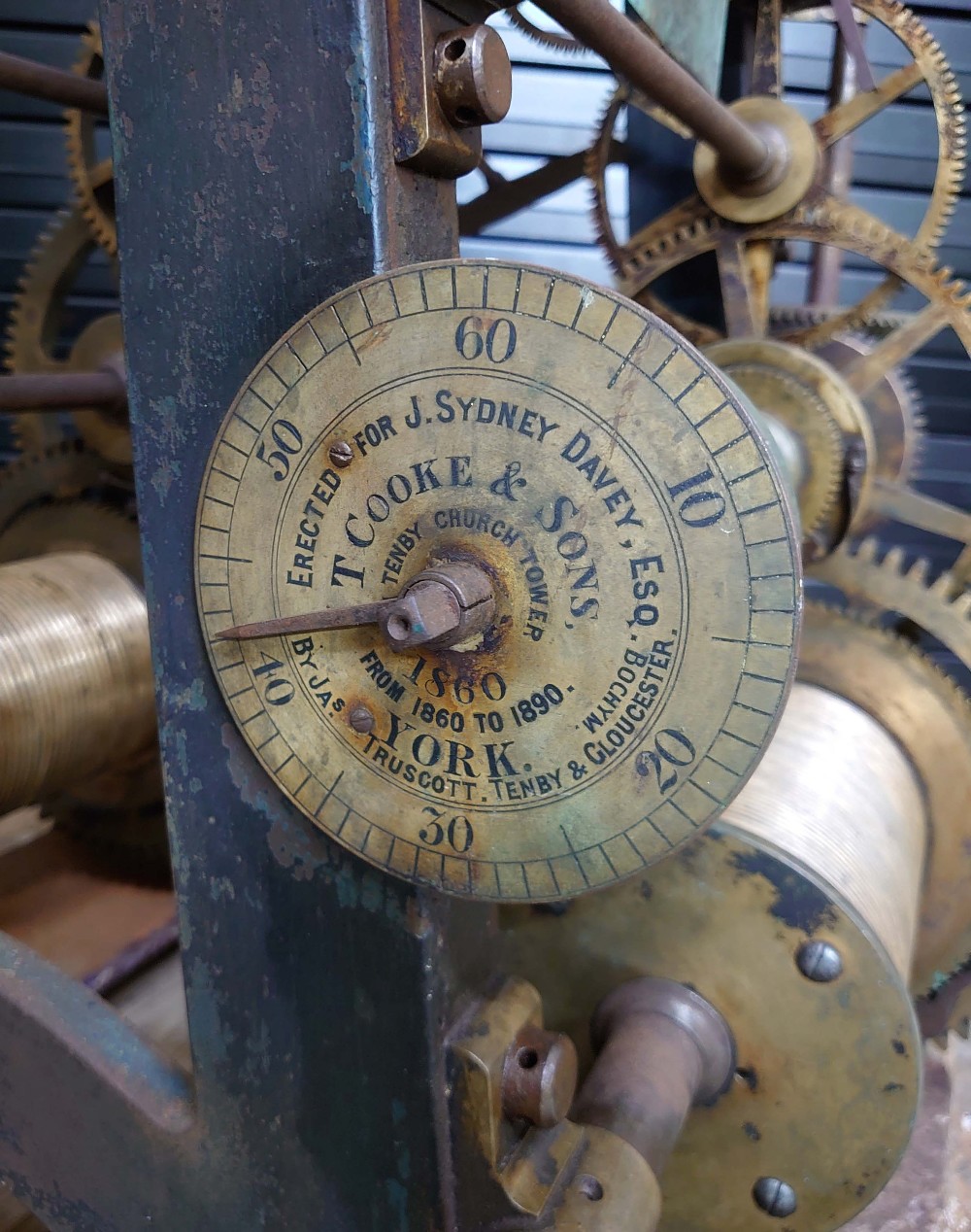 Good Large cast iron two train turret clock movement by Thos Cooke (b.1807 d.1868), inscribed on the - Image 3 of 7