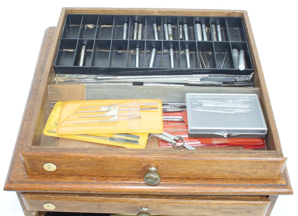 Small oak chest of six long drawers containing various tools, including small drill bits, arbours - Image 4 of 8