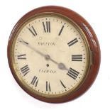 Mahogany single fusee 12" wall dial clock signed Rampton, Farnham, within a turned surround (