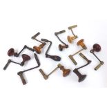Ten crank handle winding keys with turned wooden handles (10)