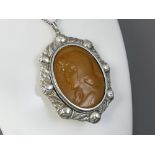 Large Continental (probably Dutch) floral silver (800) moulded cameo pendant brooch, 2.5" x 2.0",