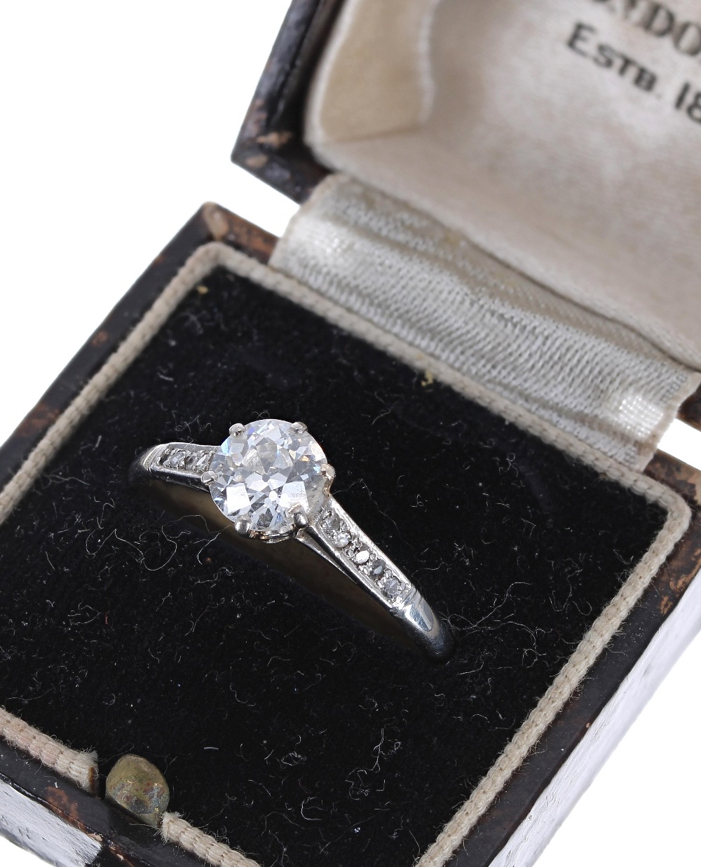 Good platinum solitaire diamond ring with set shoulders, Old-European-cut, 1.10ct approx, clarity - Image 2 of 2