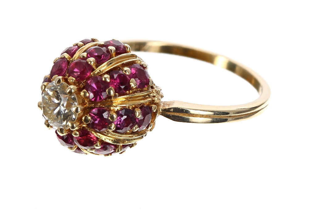 18ct domed ruby and diamond cluster ring, the diamond 0.50ct approx, clarity VS, colour J-K, in a - Image 2 of 3