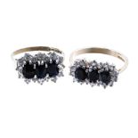 Two similar sapphire and cz dress cluster rings, 5.6gm in total (2)