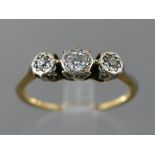 Antique 18ct gold and platinum diamond trilogy ring, approx 0.25ct, ring size L, 2.0gm