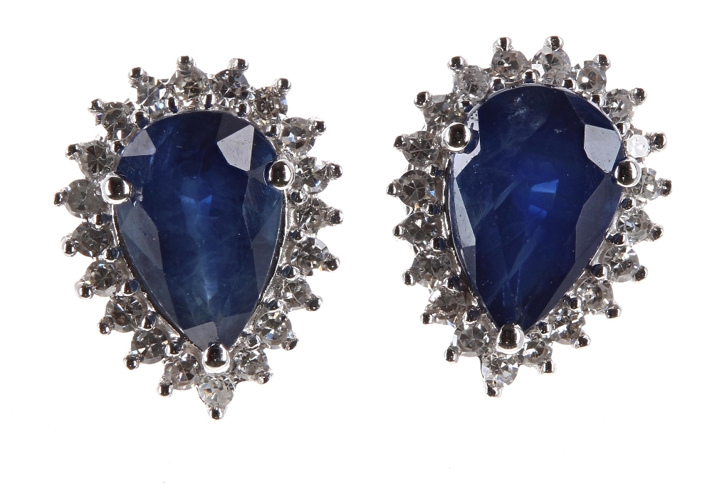 Pair 18ct white gold sapphire and diamond pear shaped cluster earrings, 1.6gm, 8.5mm x 7mm