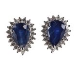 Pair 18ct white gold sapphire and diamond pear shaped cluster earrings, 1.6gm, 8.5mm x 7mm