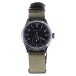 Jaeger LeCoultre Military issue stainless steel wristwatch, dated 1952, signed black dial with broad