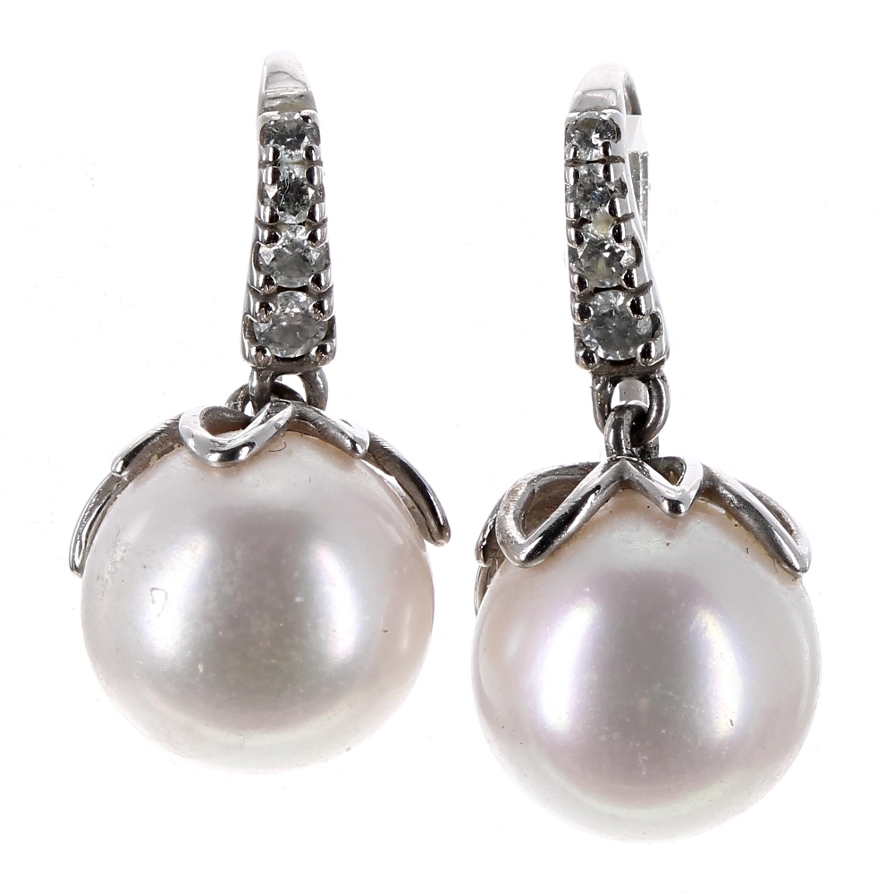 Pair of 18ct white gold cultured pearl and diamond earrings with hoop backs, the pearls, 8mm, 3gm