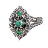 18ct white gold emerald and diamond marquise cluster ring, with three central round emeralds in a