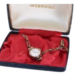 Ingersoll 9ct lady's bracelet watch, signed silvered dial, 17 jewels, 9.5gm, 15mm - ** with the