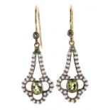 Pair of attractive Victorian style drop earrings, set with peridot, seed pearls and diamonds, wire