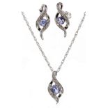 Tanzanite and diamond 14ct jewellery, set comprising pendant on necklet and a pair of matching