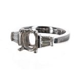 Platinum ring shank with diamond tapered baguette shoulders, 4.9gm, ring size F (no centre stone,