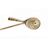 Novelty gold 'tennis racket and ball' stick pin, 2.9gm, the racket 26mm