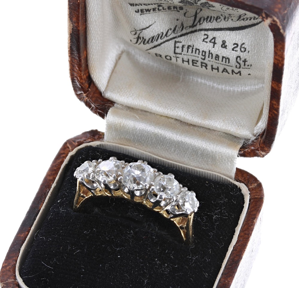 Good quality five stone old-cut diamond ring, in yellow gold with a white metal claw setting, 1.50ct - Image 2 of 2