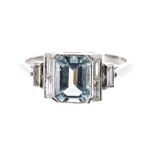 Art Deco style platinum aquamarine and diamond dress ring, the aquamarine 1.25ct, with stepped