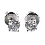 Pair of 18ct white gold four claw round brilliant-cut diamond studs, 1.16ct approx in total, clarity