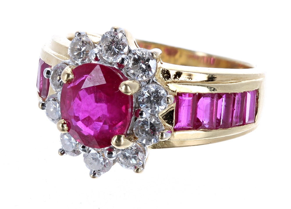 Good quality 18ct ruby and diamond dress ring, central oval ruby of good colour, 1.24ct approx,