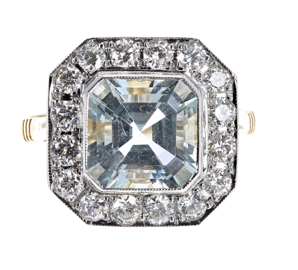 18ct aquamarine and diamond cluster ring, the aquamarine 2.30ct, in a surround of round brilliant- - Image 2 of 2