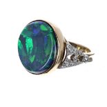 Fine 18ct certified natural Australian black opal and diamond ring, cabouchon-cut opal measuring