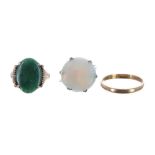 White metal opal set ring, 3.1gm; 14k jade set ring, 3gm; also a 22ct wedding band ring, 3mm, 2gm (