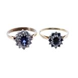 9ct sapphire and diamond cluster ring; also another 9ct cluster ring, 4.3gm (2)