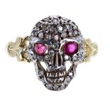 Antique style 15ct ruby and diamond skull ring, 16mm, 4gm, ring size P