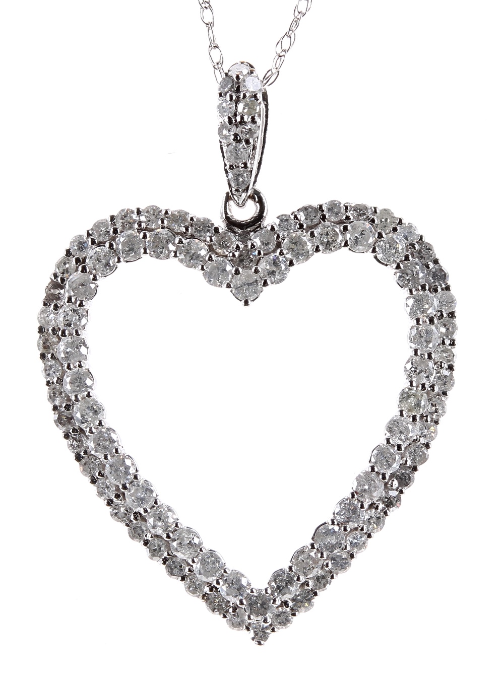 Diamond set open heart white gold pendant, marked 10k, on a slender necklace, the pendant 21mm wide,