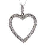 Diamond set open heart white gold pendant, marked 10k, on a slender necklace, the pendant 21mm wide,