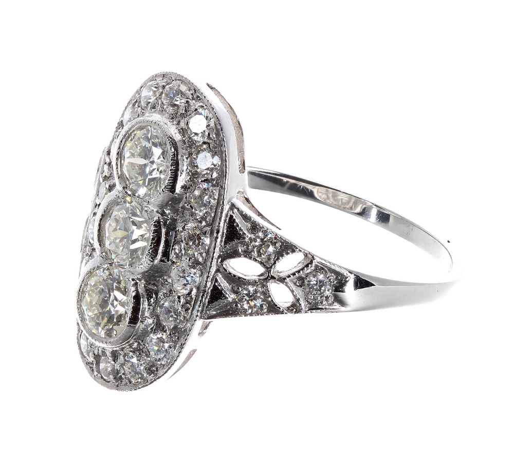 Ornate platinum diamond ring in the Art Deco style, estimated 1.00ct approx, width 17mm, 4.1gm, ring