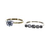 18ct old-cut diamond five stone ring, 2.3gm, ring size M; together with an 18ct solitaire cz ring,