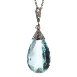 Aquamarine and diamond pear shaped pendant on a 14ct slender chain, the aquamarine 16.00ct approx,