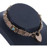 Antique 9ct gate bracelet set with five turquoise and half pearls, with 9ct padlock clasp and safety
