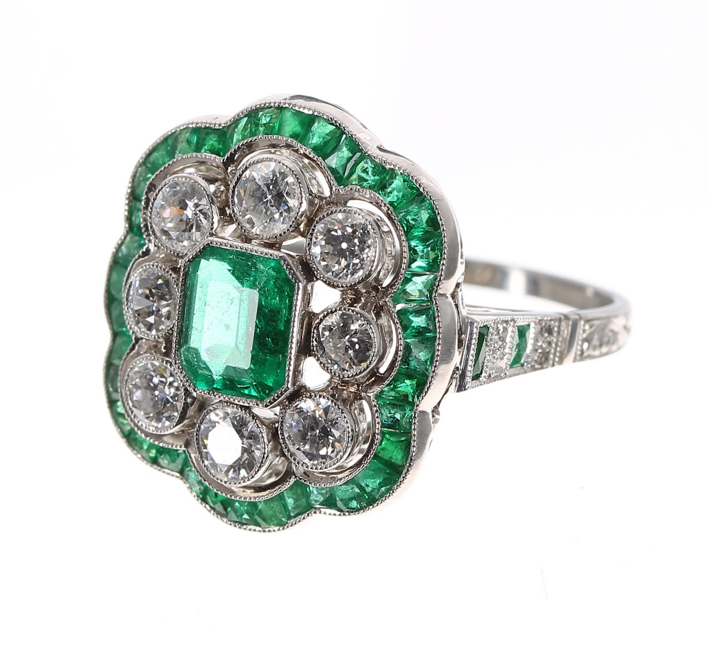 Fine quality large platinum emerald and old-cut diamond lobed cluster cocktail ring, emerald