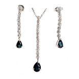 Modern 14ct white gold diamond and sapphire earring and pendant set, earring drop 25mm approx,