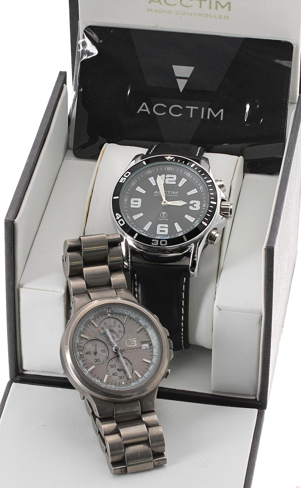 Acctim Radio Controlled Talking gentleman's wristwatch, black dial, black leather strap, 45mm (